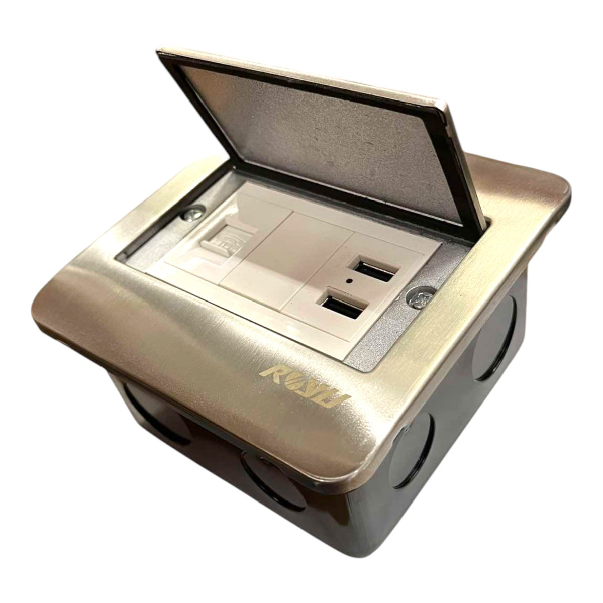 A metallic bronze outdoor duplex outlet cover with its lid open, revealing built-in USB-C and USB-A ports, on a white background.