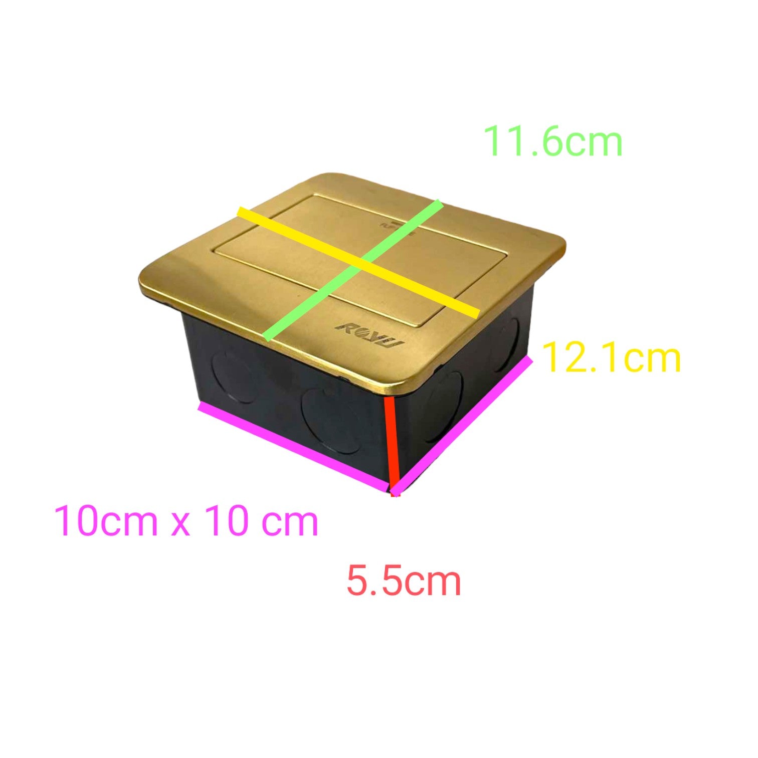 A square black electrical junction box with a metallic gold lid, shown with overlaid dimension labels and colored measurement lines on a white background.