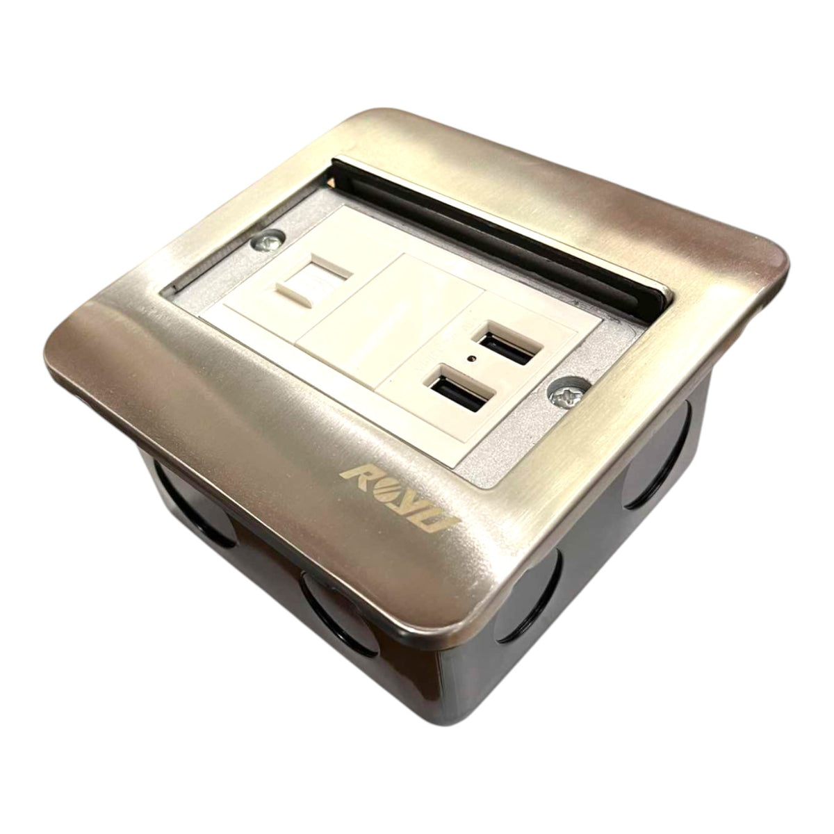 A square outdoor electrical outlet cover with a brushed bronze metallic faceplate, featuring a built-in outlet and two USB-C ports on the front, with the brand name 'RAVI' debossed on the side.