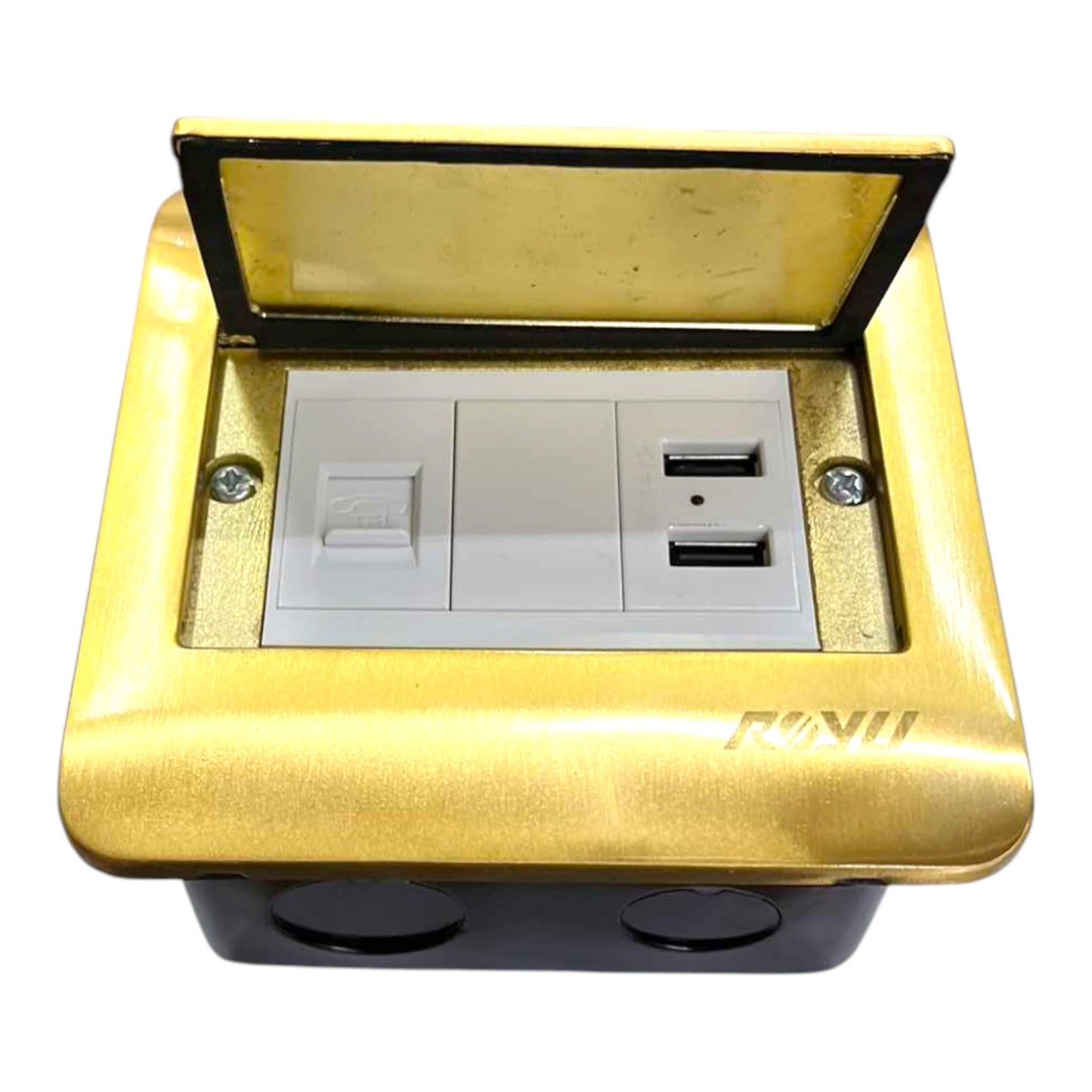 A gold-colored waterproof outdoor duplex outlet cover with an open lid, revealing a white double switch and two USB-A ports. The bottom features a black junction box with two circular openings, and the brand name 'KNII' is embossed on the front right.
