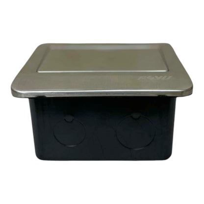 A black plastic utility box with a brushed silver metal lid, featuring two circular openings on the front and a faint 'F&YU' brand logo on the top right corner.