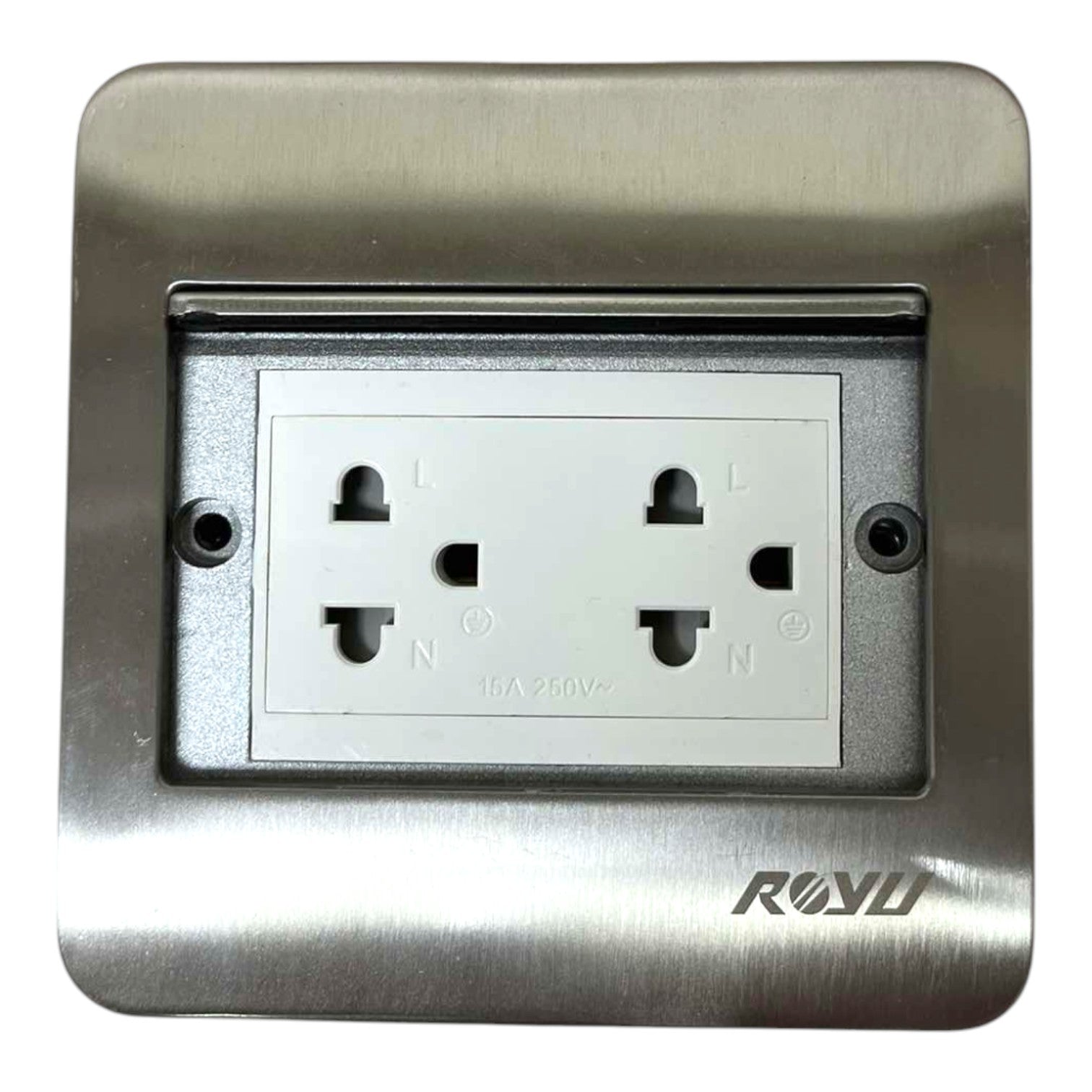 A brushed stainless steel double outlet wall socket cover plate with a white internal socket insert, featuring the brand name ROYO printed in black near the bottom right corner.