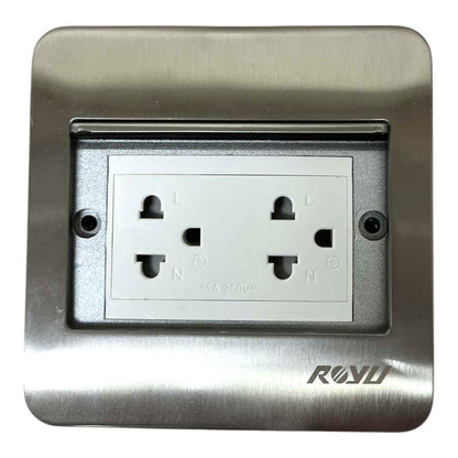 A brushed stainless steel double outlet wall socket cover plate with a white internal socket insert, featuring the brand name ROYO printed in black near the bottom right corner.