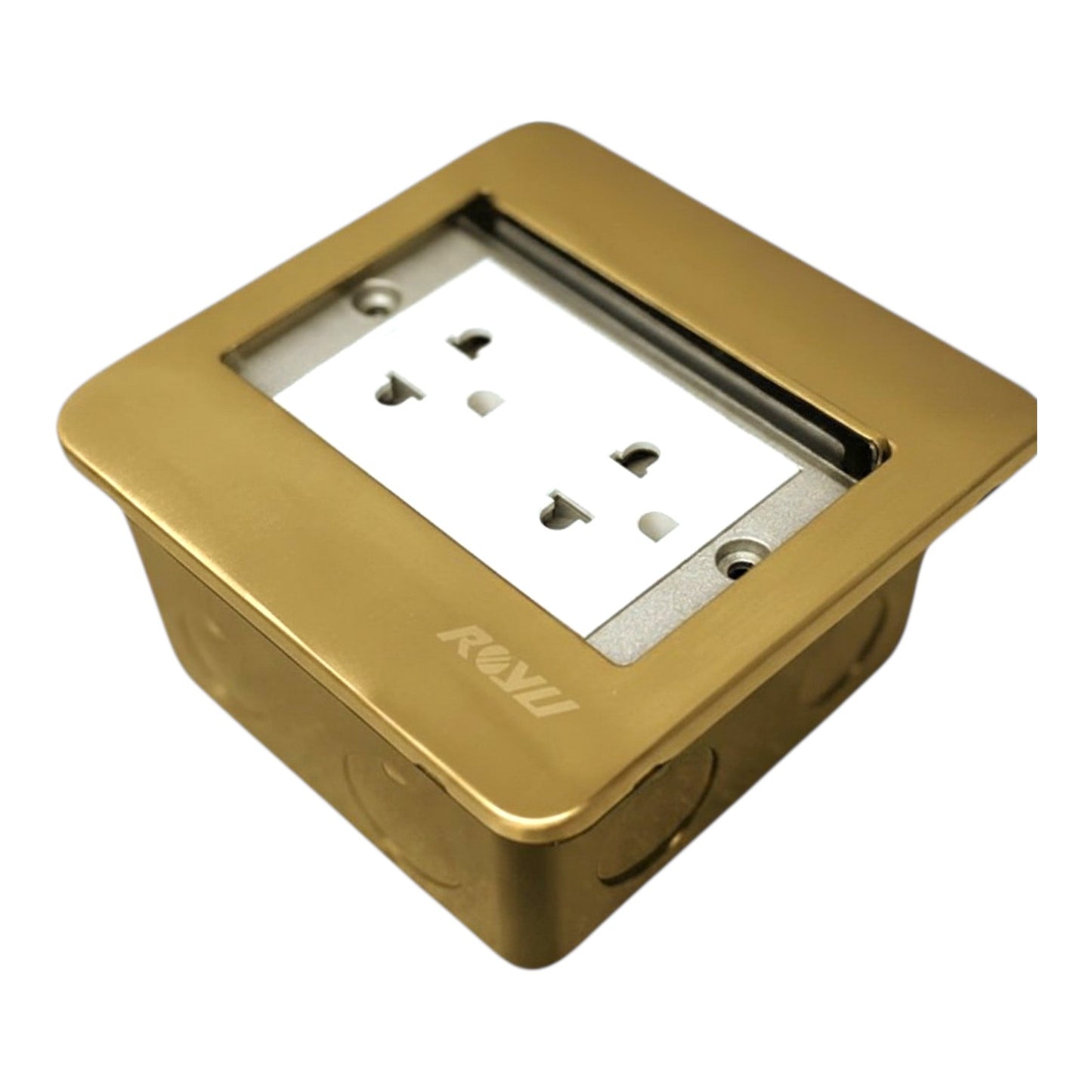A square gold metal electrical outlet cover plate with a white three-hole US-style outlet insert, shown on a plain white background. The brand name 'ROVI' is embossed on the front.