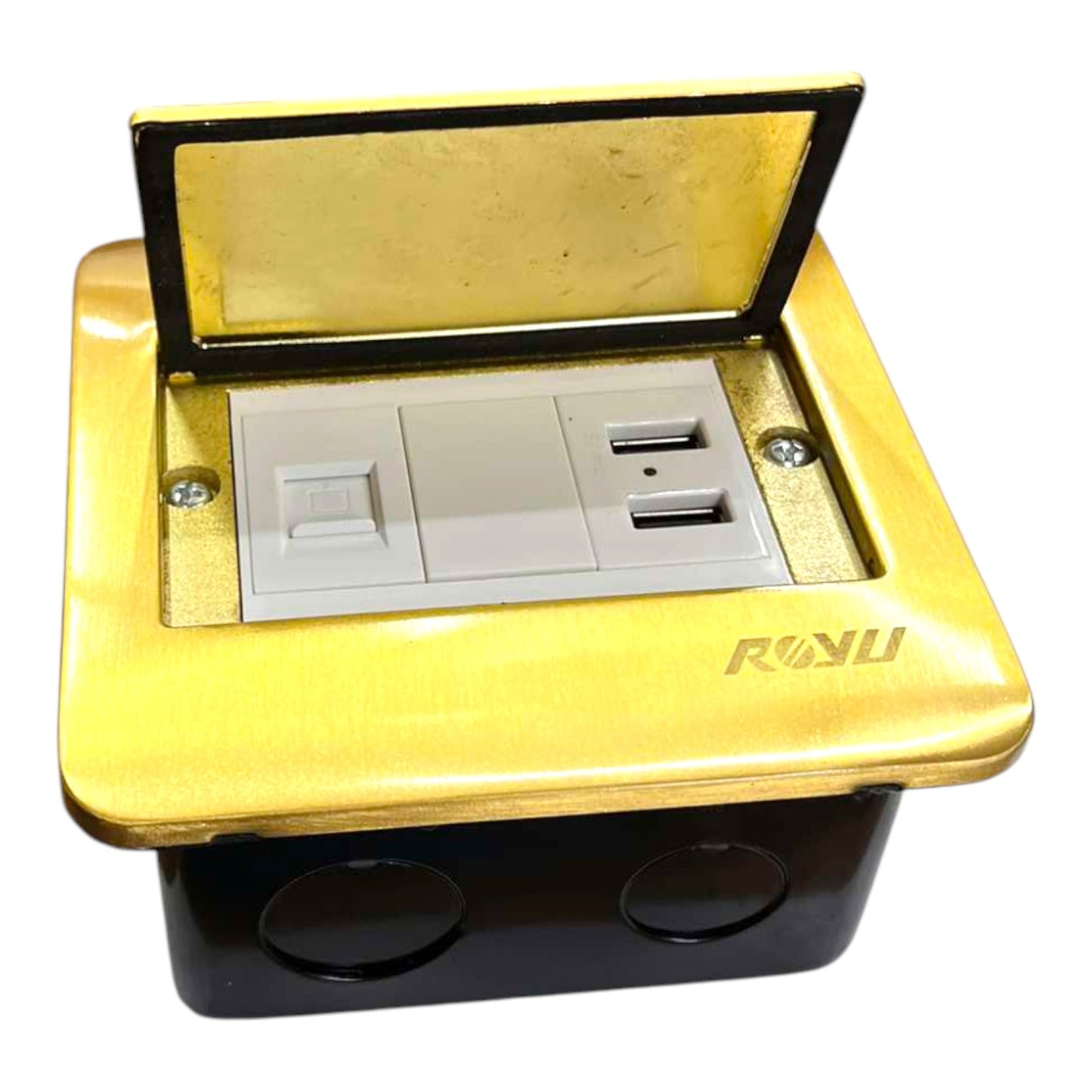 A gold and black outdoor electrical outlet box with an open lid, featuring a white dual GFCI outlet and two USB-C ports on the top panel, with the brand name 'RULU' printed on the side.