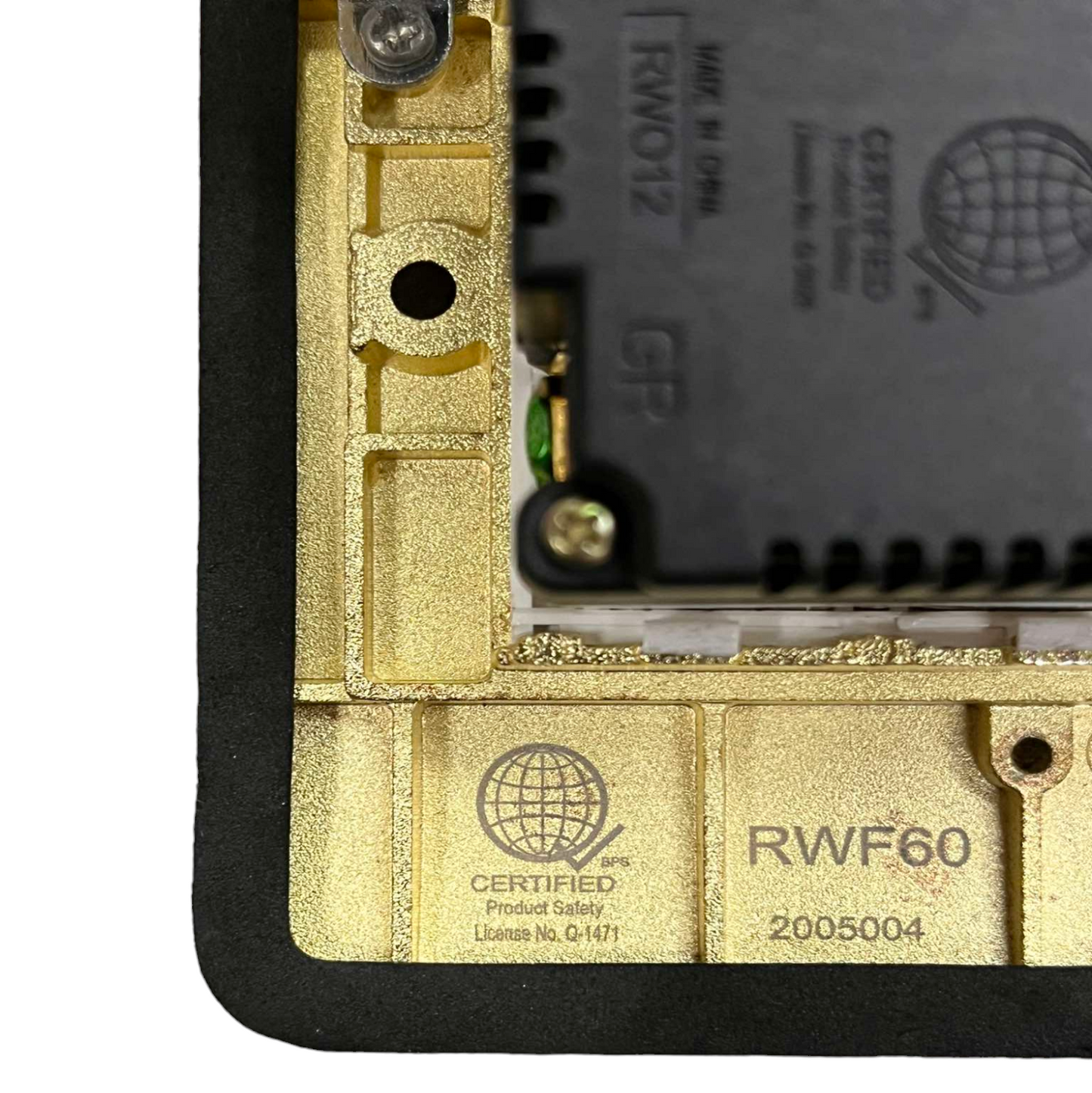Close up of Royu Floor Outlet 3 Gang LAN Outlet showing product safety certification details