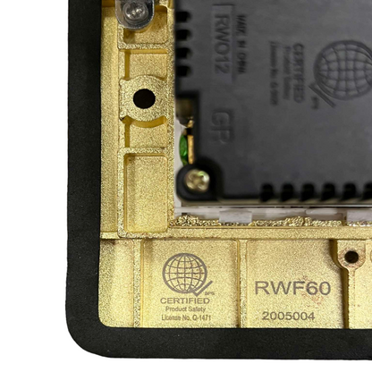 Close up of Royu Floor Outlet 3 Gang LAN Outlet showing product safety certification details