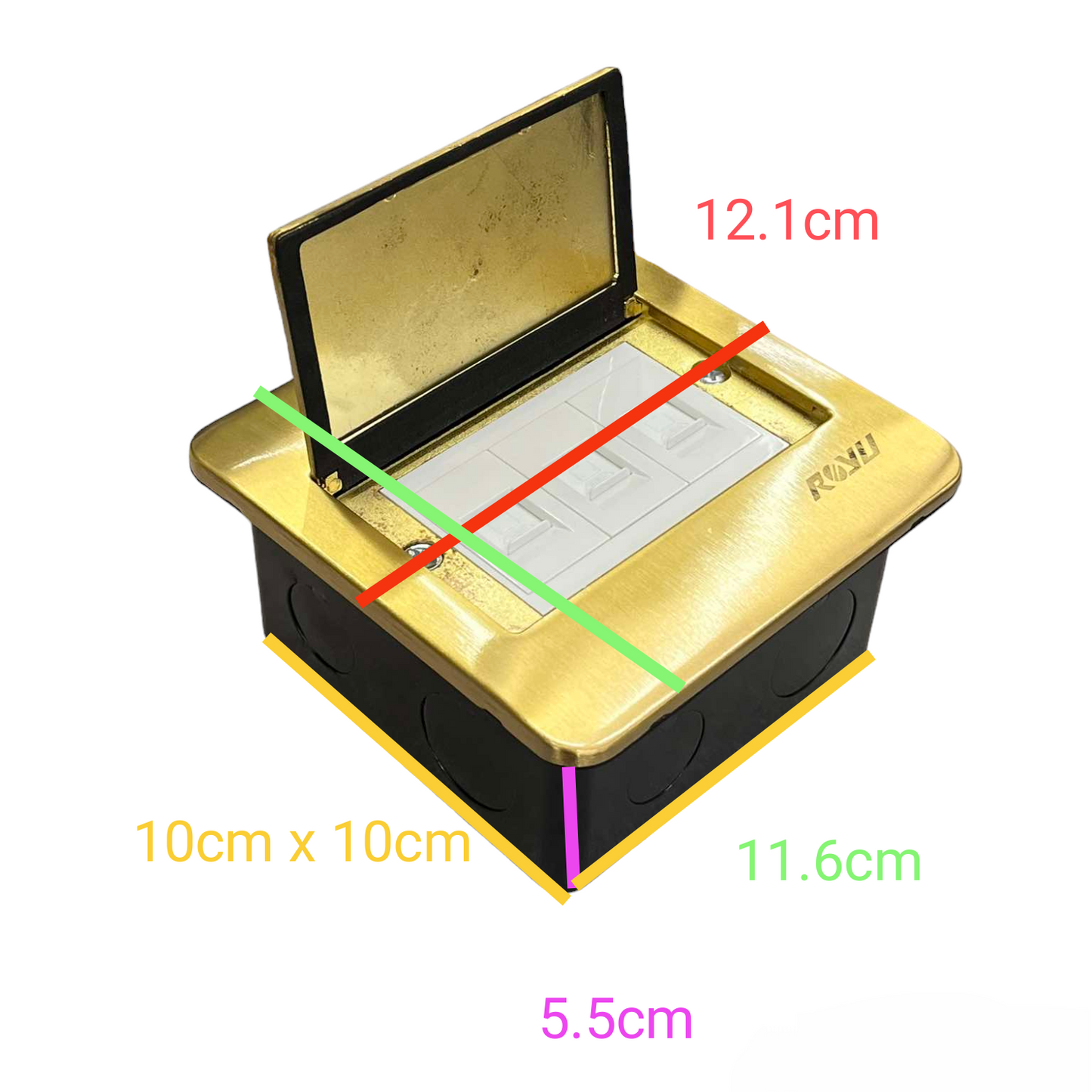 Royu Floor Outlet 3 Gang LAN Outlet with gold finish and dimensions shown for installation