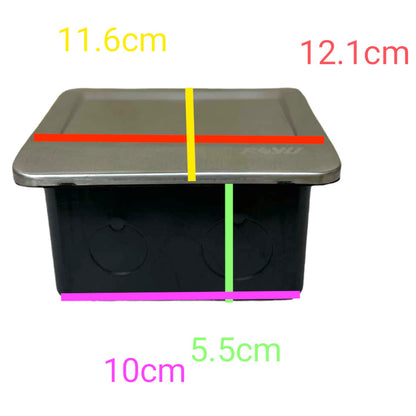 A black rectangular storage container with a gray lid, shown with overlaid dimension labels and colored measurement lines indicating 11.6 cm, 12.
