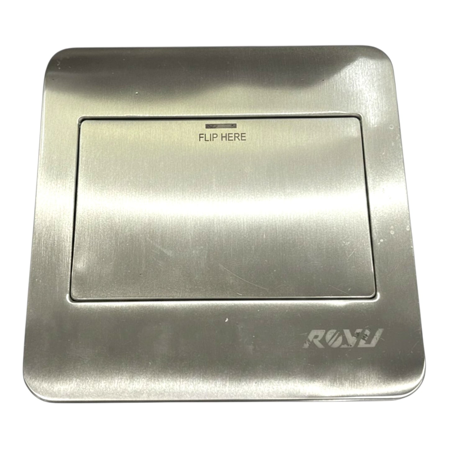 A brushed stainless steel toilet tank lid cover with a recessed flip-up latch area labeled 'FLIP HERE' and the ROSH brand logo in the bottom right corner.