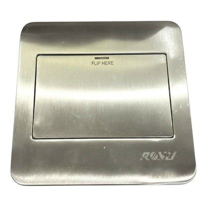 A brushed stainless steel toilet tank lid cover with a recessed flip-up latch area labeled 'FLIP HERE' and the ROSH brand logo in the bottom right corner.