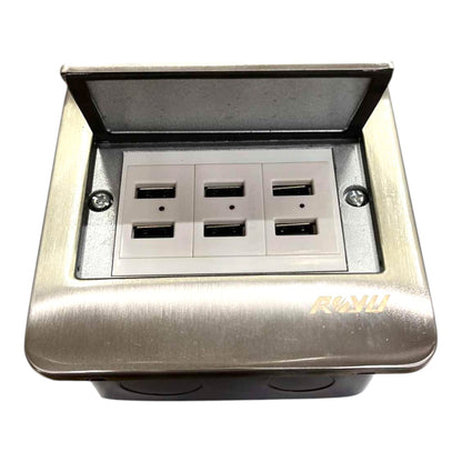 A 4-port USB-C power strip with a brushed stainless steel finish and an open lid, featuring the ROKU brand logo on the front right.