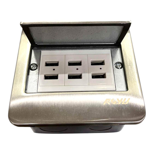 A 4-port USB-C power strip with a brushed stainless steel finish and an open lid, featuring the ROKU brand logo on the front right.