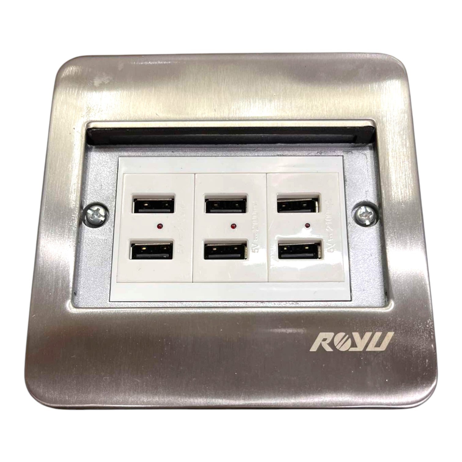 A silver brushed metal wall outlet cover plate with a white multi-port USB charger insert, featuring three USB-A ports and two USB-C ports, with the brand name ROYU printed on the bottom right.