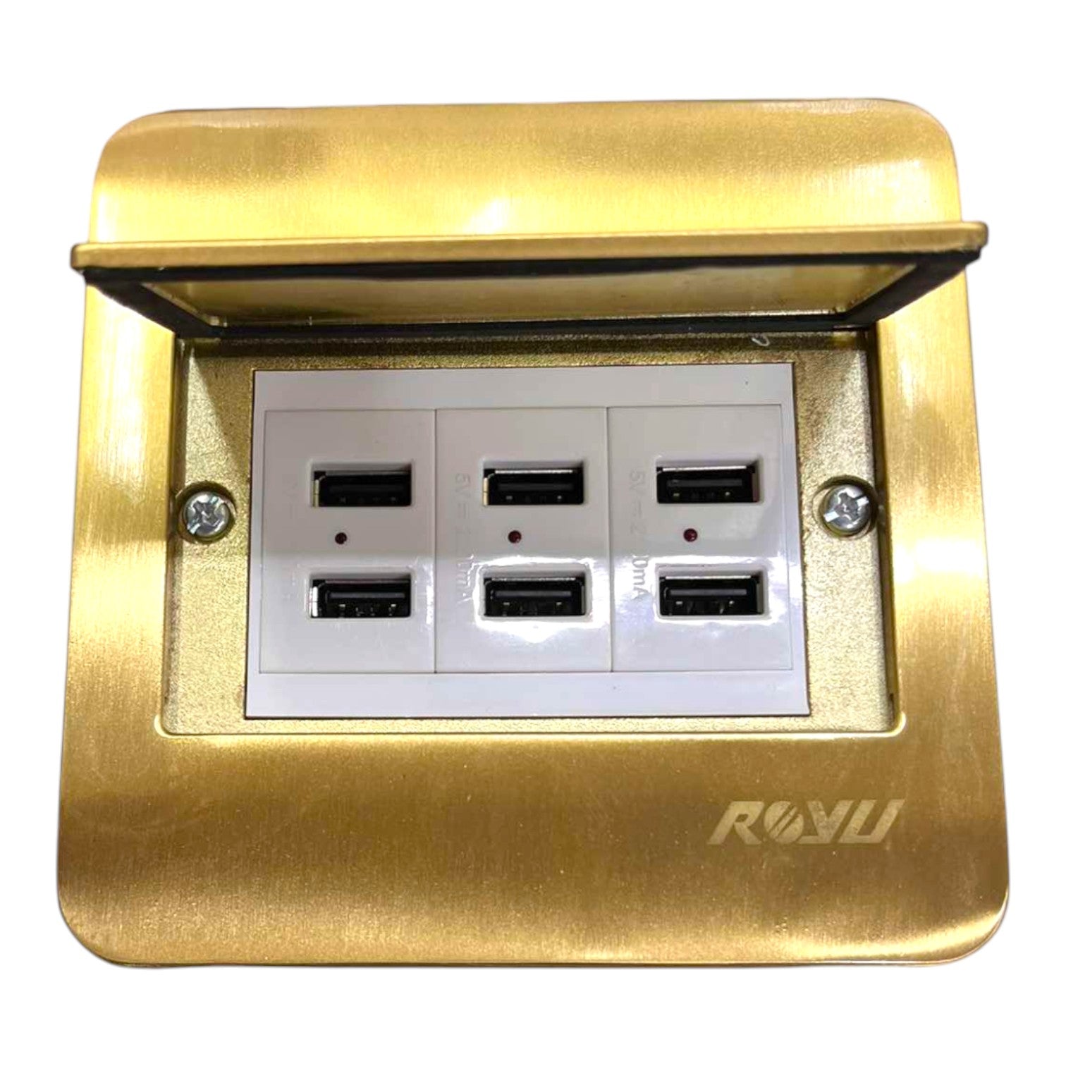 A gold-colored outdoor waterproof 4 USB-A port power outlet cover with a white faceplate, shown against a plain white background.