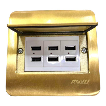A gold-colored outdoor waterproof 4 USB-A port power outlet cover with a white faceplate, shown against a plain white background.