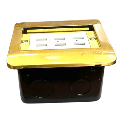A gold and black electrical outlet box with four white outlets on the top cover, photographed against a plain white background.