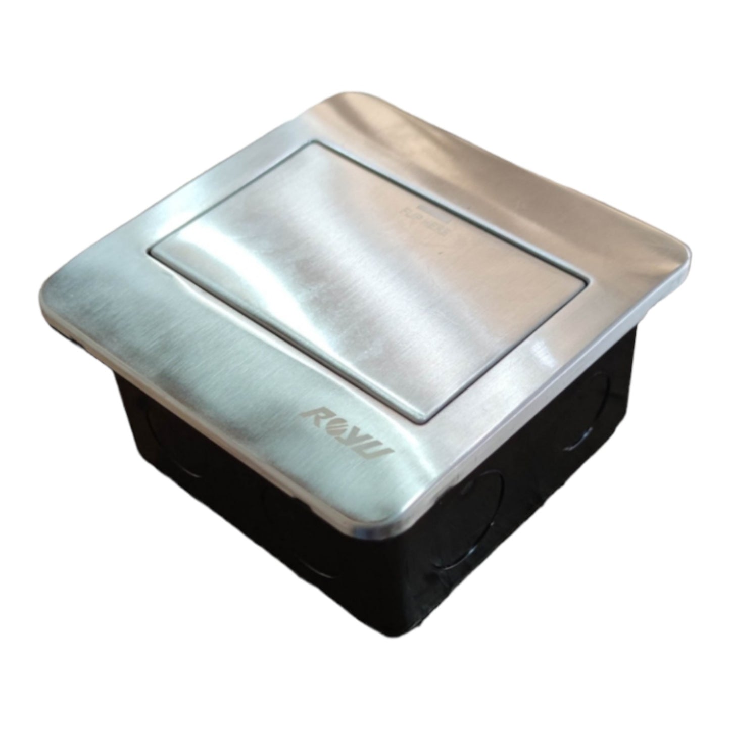 A square recessed light switch with a brushed stainless steel top cover and a black plastic base, featuring the ROVI brand logo.