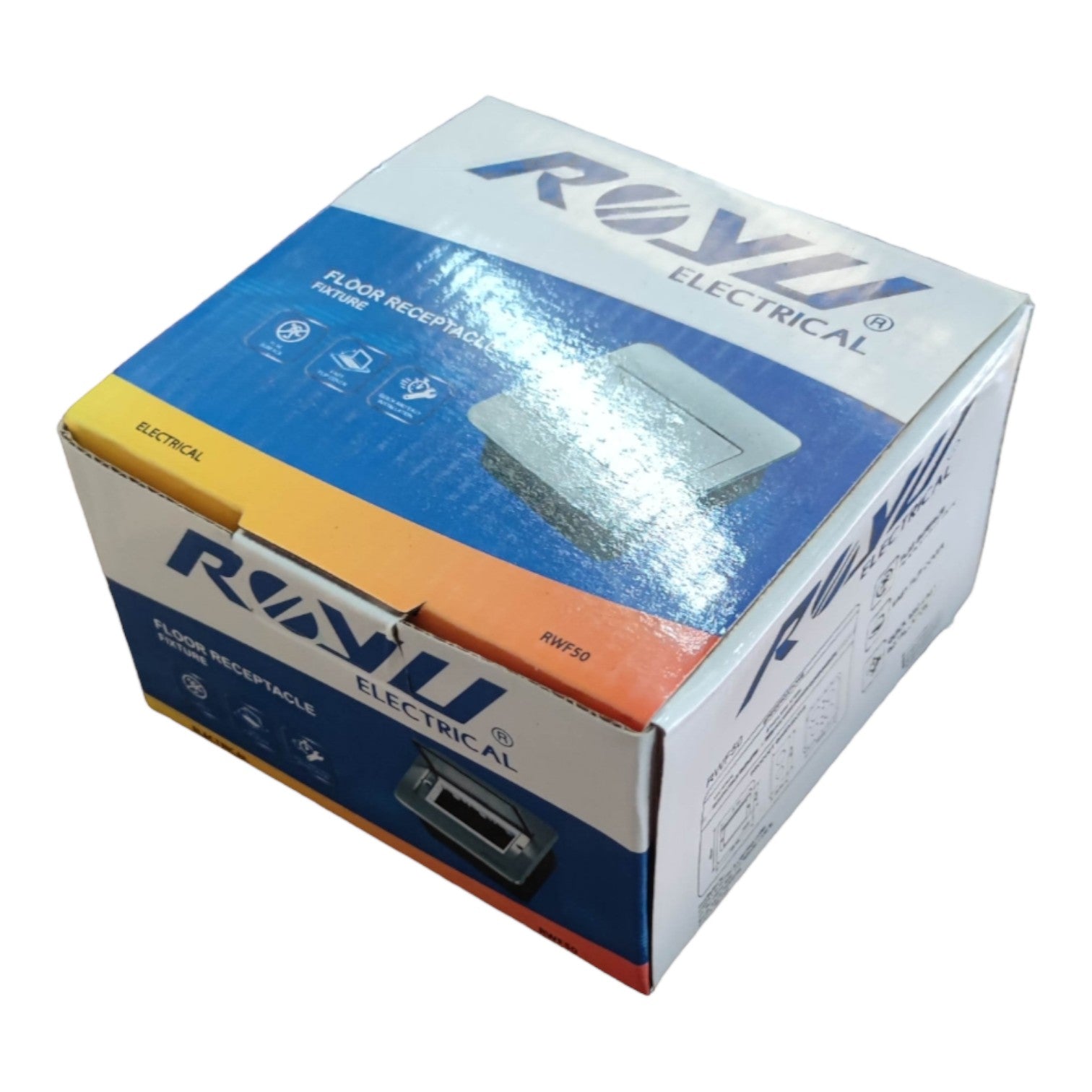 A box of Rony Electrical 1-floor receptacle switches, showing the blue, white, and orange packaging with a photo of the switch on top.