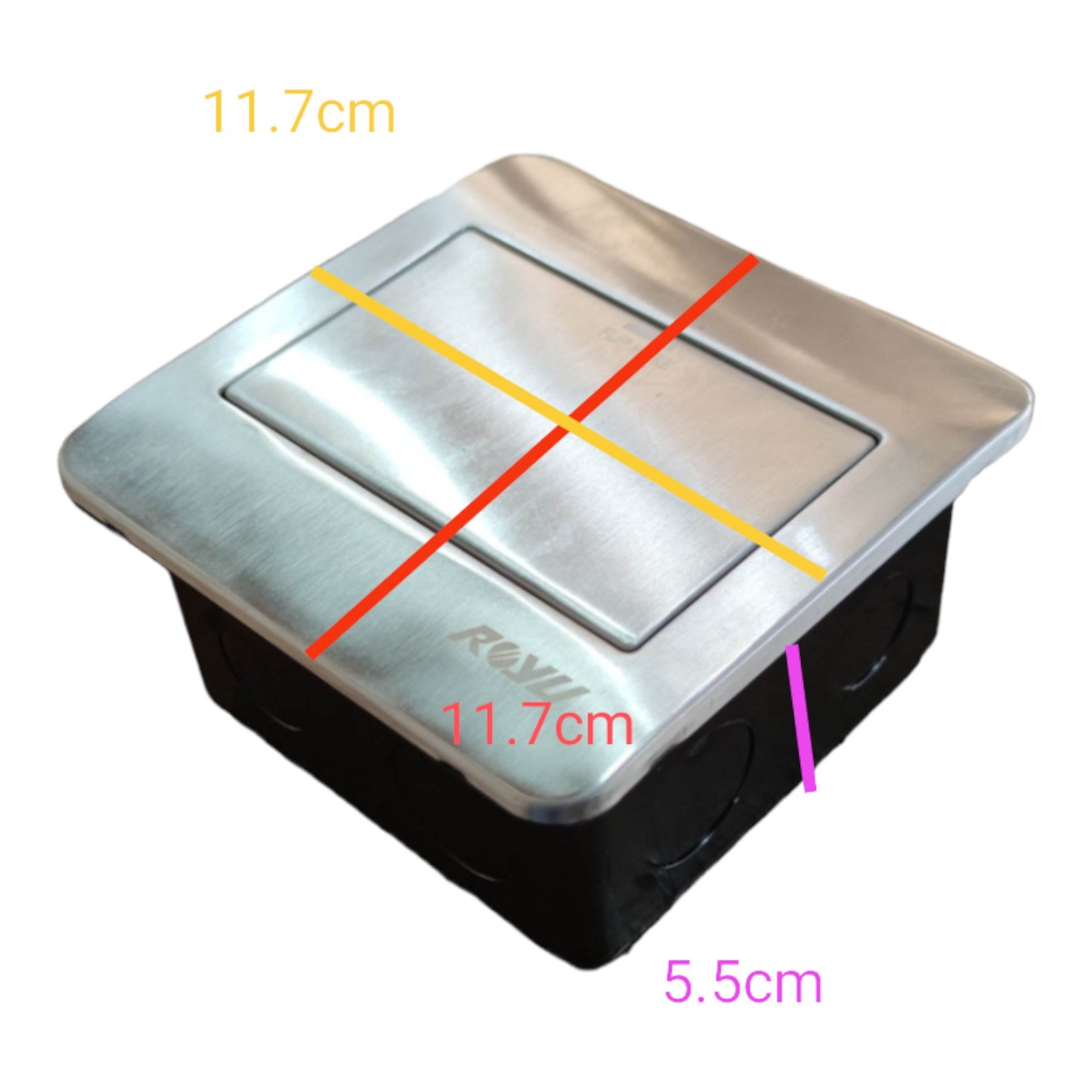 A square metal switch box with a brushed silver top and black base, shown on a white background with overlaid dimension lines and text indicating 11.7 cm, 11.
