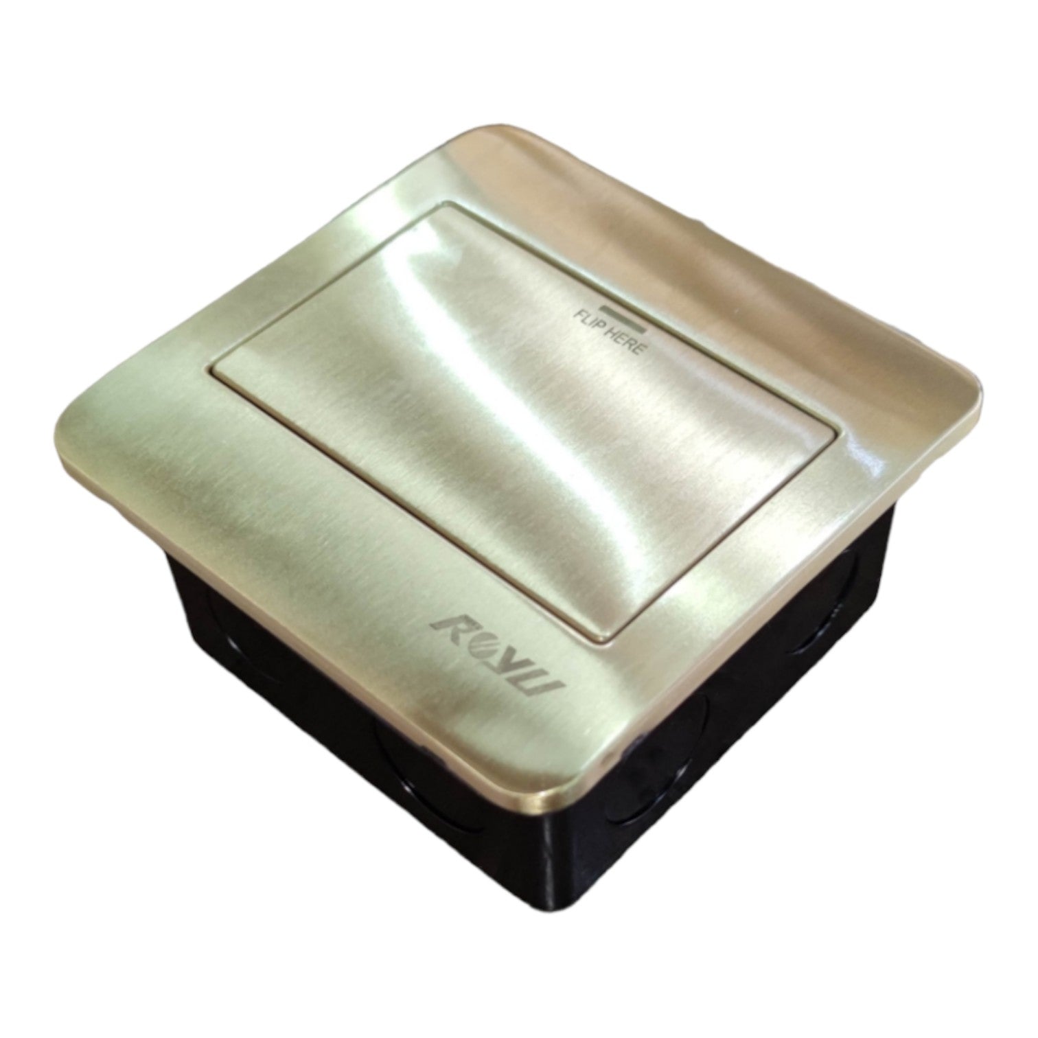 A square recessed floor switch with a brushed brass or gold-toned metal top plate and a black electrical base, shown on a plain white background.