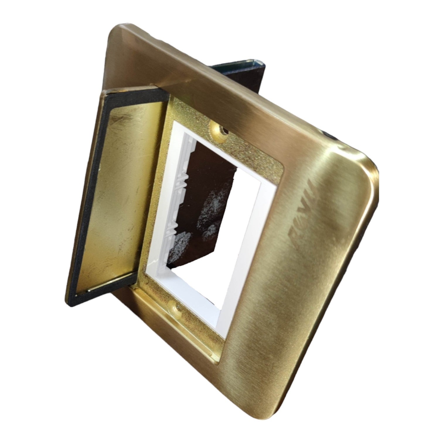 A square wall switch plate cover with a brushed brass/gold finish, shown open to reveal the white socket compartment and dark backplate inside, isolated on a white background.