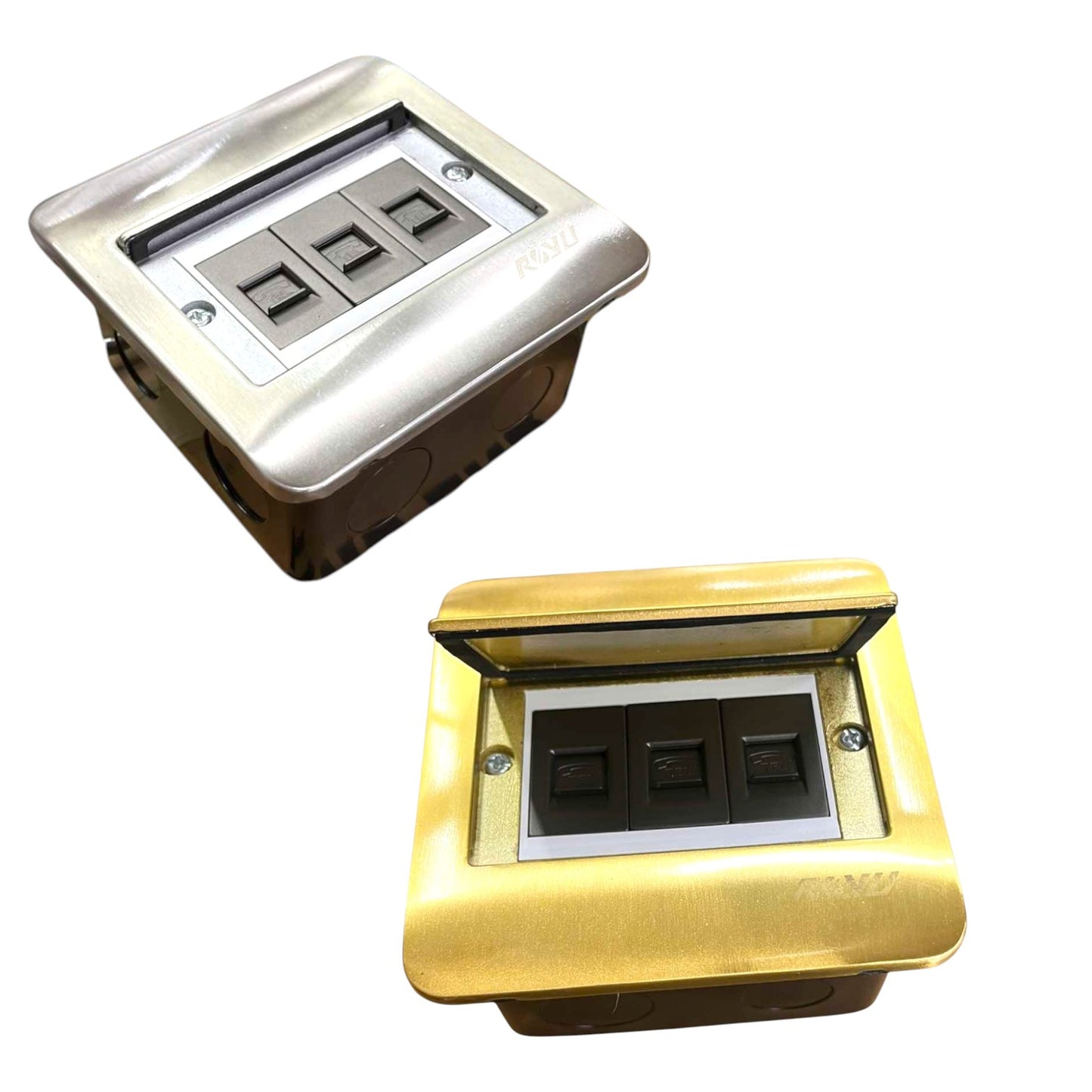 Two waterproof three-way switch outdoor wall boxes shown on a white background, one in brushed silver and one in brushed gold, both with their protective lids open to reveal the black switch buttons.