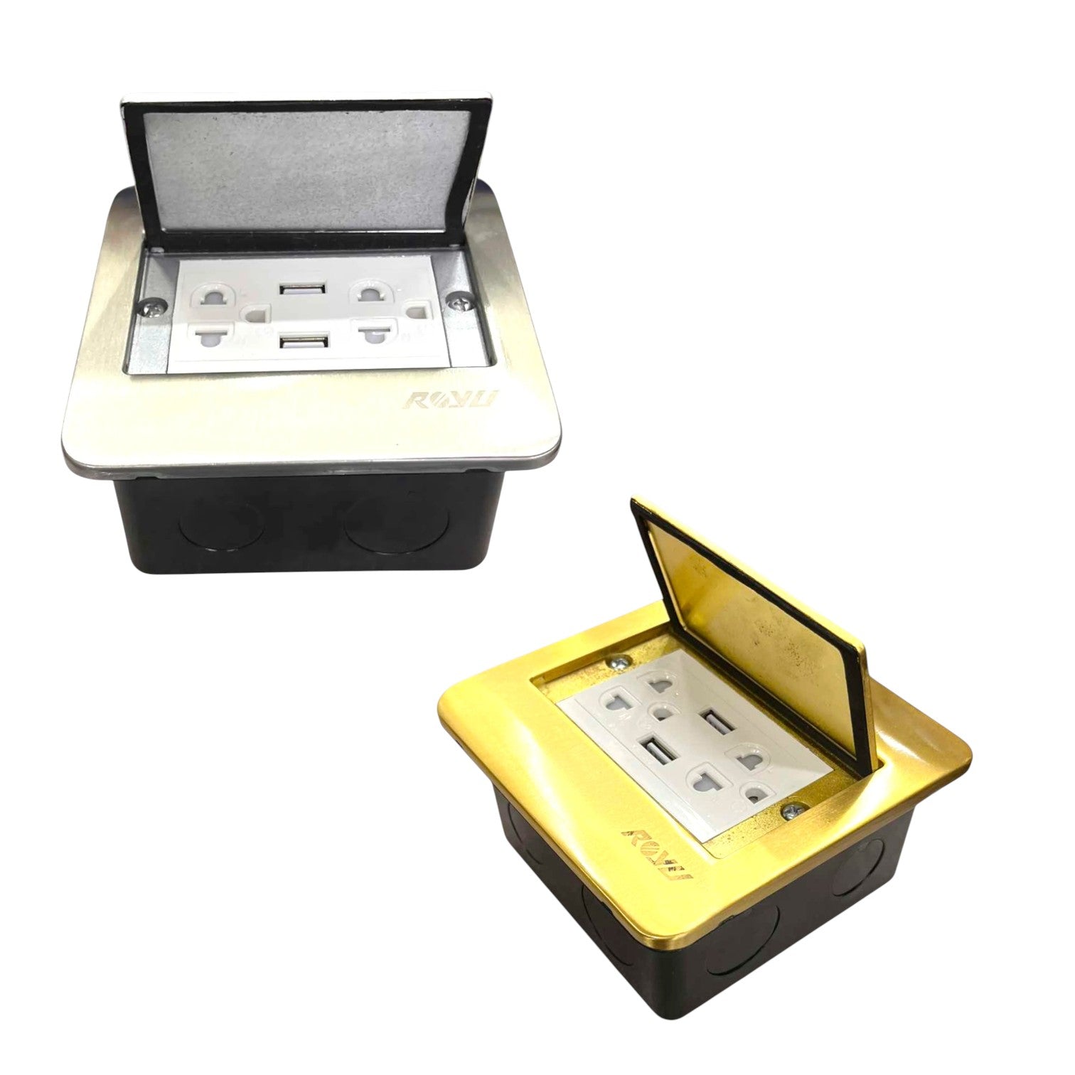 Two pop-up USB power outlets shown on a white background, one in silver and black and the other in gold and black, both with their lids open to reveal multiple USB-A and USB-C ports.