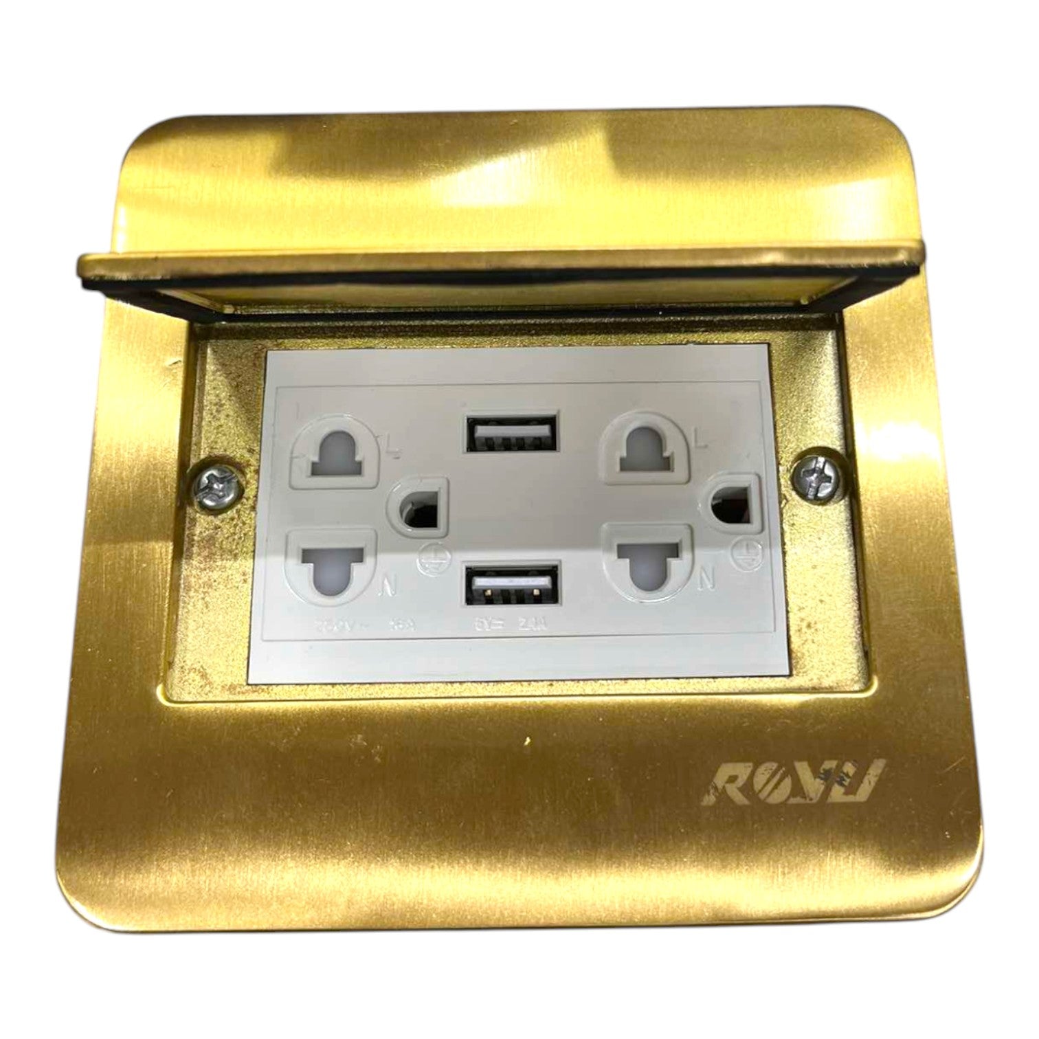 A gold-colored outdoor waterproof electrical outlet cover with an open hinged lid, featuring a white faceplate with two UK three-pin sockets and two USB-A ports. The brand name 'ROW' is embossed on the bottom right corner.