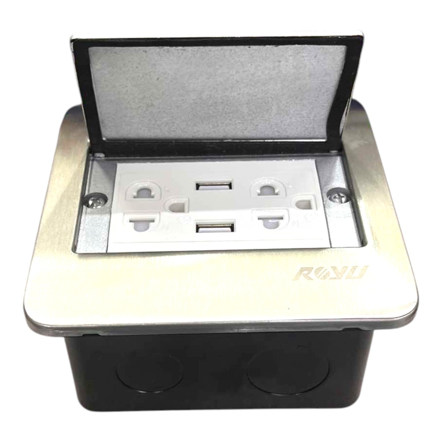 A 3-way RV power outlet duplex outlet with a pop-up cover, featuring a brushed stainless steel faceplate, silver internal sockets, and a black plastic base.