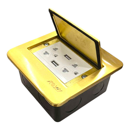 A gold and black waterproof electrical outlet cover with an open lid, revealing a white multi-socket outlet with USB-A and USB-C ports, isolated on a white background.