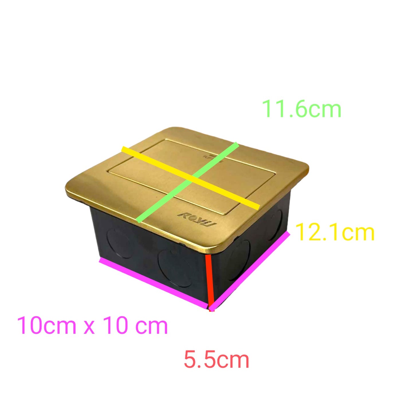 A square electrical junction box with a gold-colored top cover and a black base, shown with colored dimension lines and text indicating measurements of 11.6cm, 12.