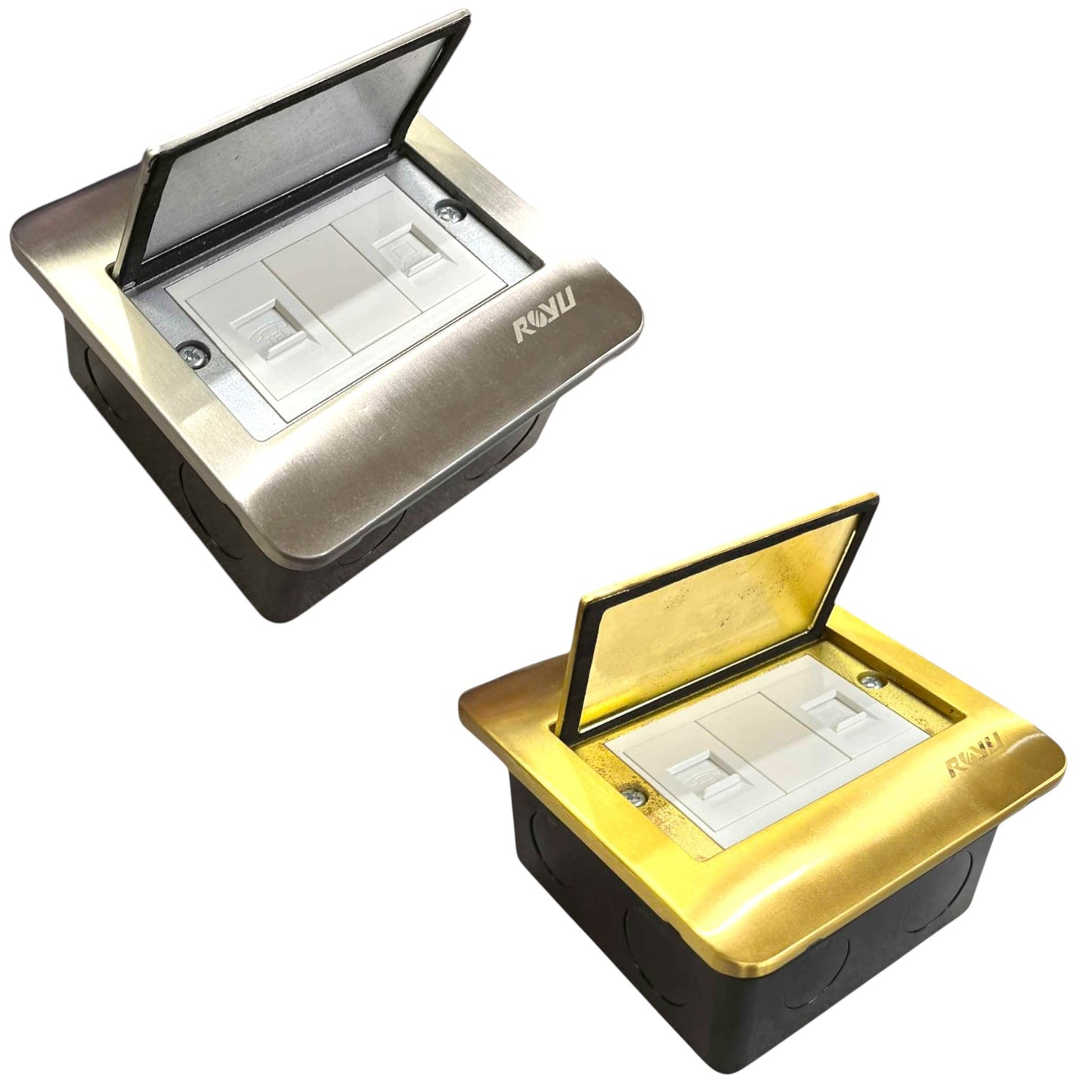 Two recessed electrical outlet covers shown on a white background, one in brushed silver and one in metallic gold, both with the top cover open to reveal the outlet panel.