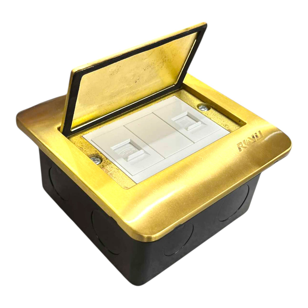 A waterproof network jackout box with a gold-colored metallic top cover and a black plastic base, shown with its lid open to reveal three RJ45 network ports.