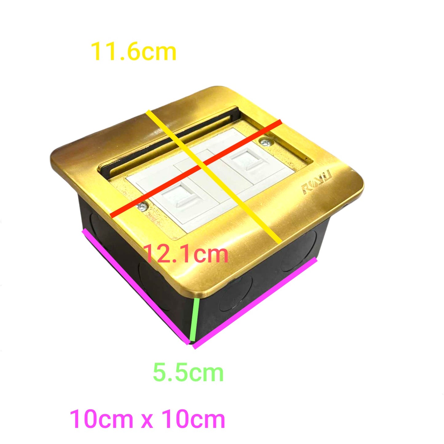 A square wall outlet cover plate shown on a white background with overlaid dimension labels and colored measurement lines indicating 11.6 cm, 12.