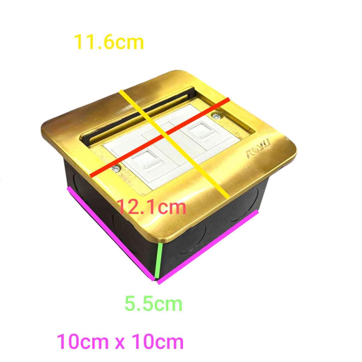 A square wall outlet cover plate shown on a white background with overlaid dimension labels and colored measurement lines indicating 11.6 cm, 12.