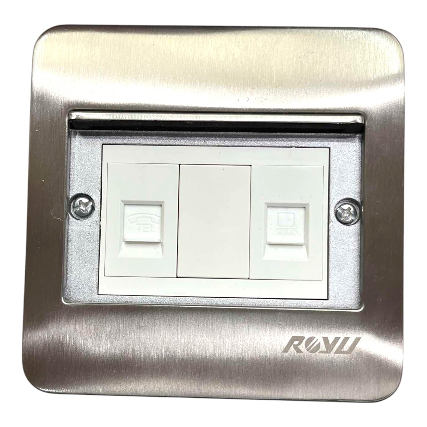 A modern wall switch plate featuring a brushed stainless steel frame with a recessed white double-gang switch panel in the center. The brand name 'ROUYU' is debossed on the bottom right of the metal plate.