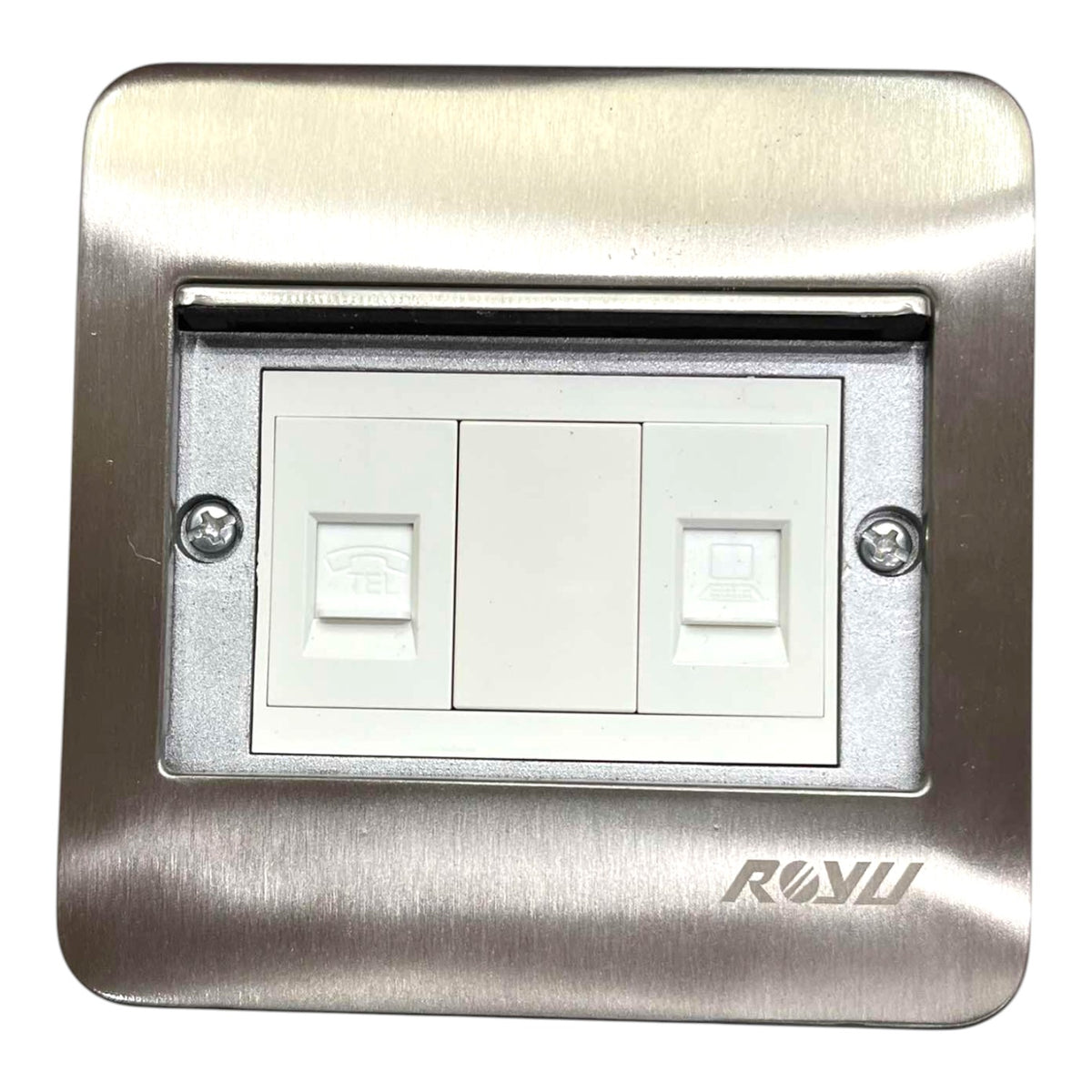 A modern wall switch plate featuring a brushed stainless steel frame with a recessed white double-gang switch panel in the center. The brand name 'ROUYU' is debossed on the bottom right of the metal plate.