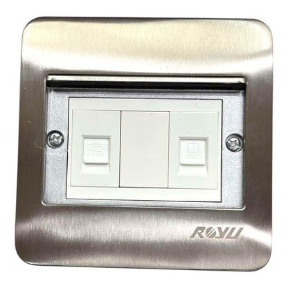 A modern wall switch plate featuring a brushed stainless steel frame with a recessed white double-gang switch panel in the center. The brand name 'ROUYU' is debossed on the bottom right of the metal plate.