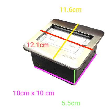 A square recessed outlet cover shown on a white background with overlaid dimension lines and measurements: 11.6 cm, 12.