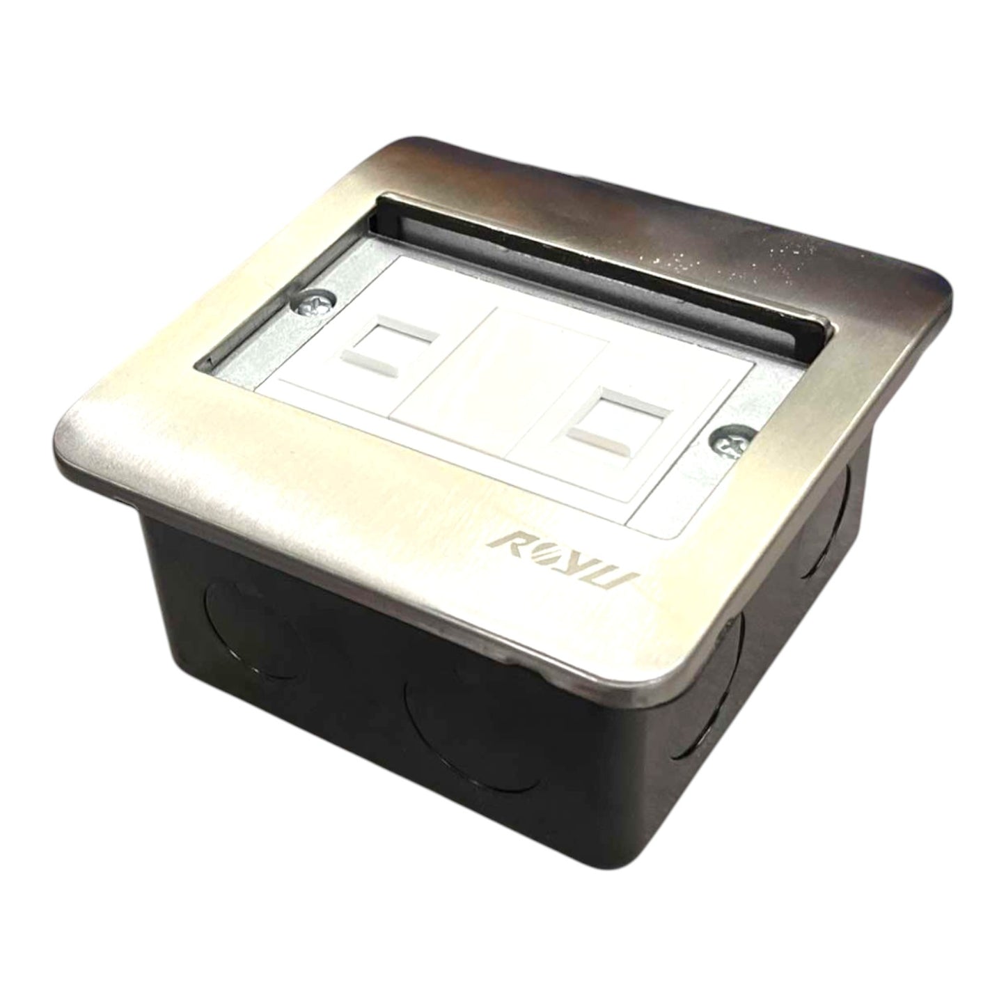 A dual GFCI outlet electrical junction box with a brushed stainless steel top plate, a white double outlet face, and a black plastic base, featuring the brand name 'R&LII' on the front.