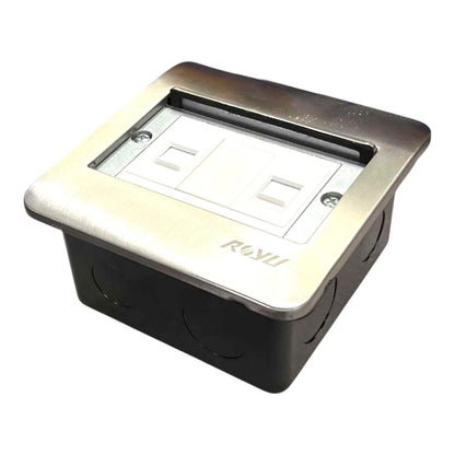 A dual GFCI outlet electrical junction box with a brushed stainless steel top plate, a white double outlet face, and a black plastic base, featuring the brand name 'R&LII' on the front.