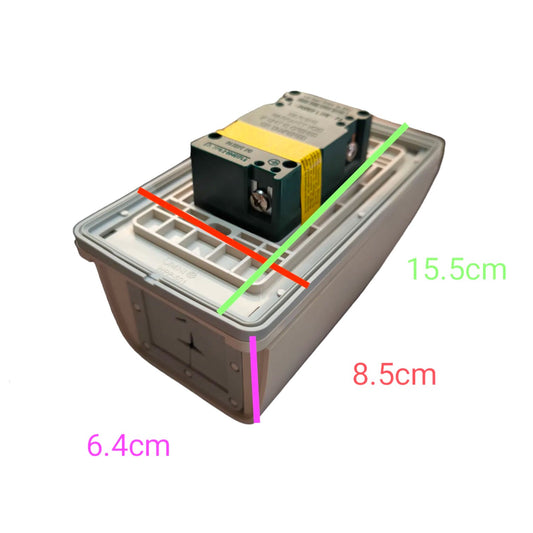 A gray plastic electrical terminal block or connector housing with a black and yellow internal component visible, shown on a white background with colored measurement lines and labels indicating dimensions 15.5cm, 8.