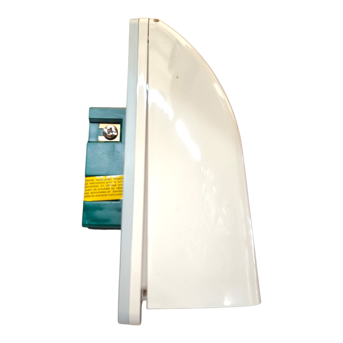 A white curved light reflector or shield with a teal and yellow electrical terminal block attached to its side, shown against a plain white background.