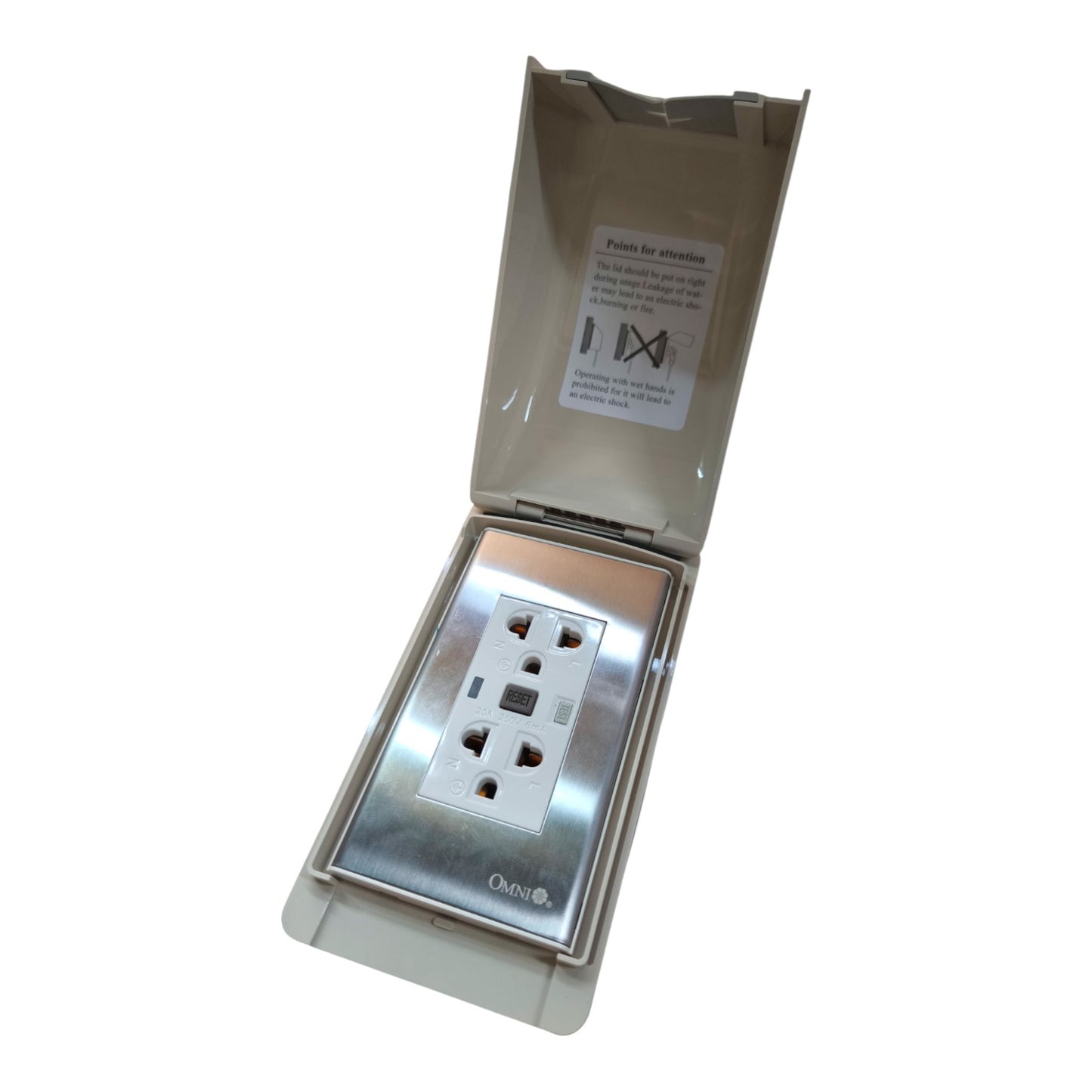 An outdoor waterproof electrical outlet socket cover with a stainless steel faceplate and three UK three-pin wall sockets, shown with its beige plastic hinged lid open against a white background.