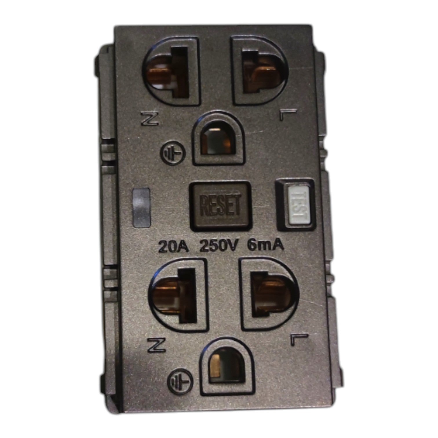 A 4-outlet industrial electrical outlet module with a dark gray metal housing, featuring two duplex outlets on each side and a central reset button.