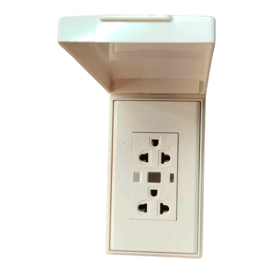 A cream-colored outdoor duplex outlet with its protective hood open, set against a plain white background.