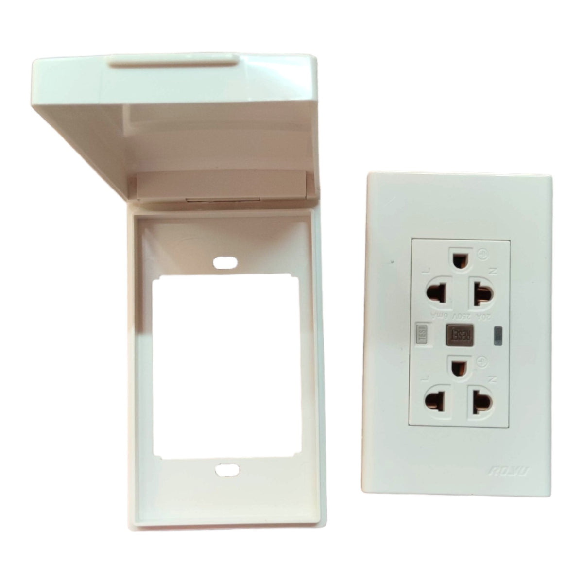 An off-white plastic electrical outlet cover plate shown in two views: one with the hinged top cover open, revealing the backplate, and one fitted over a standard three-prong outlet to demonstrate use.