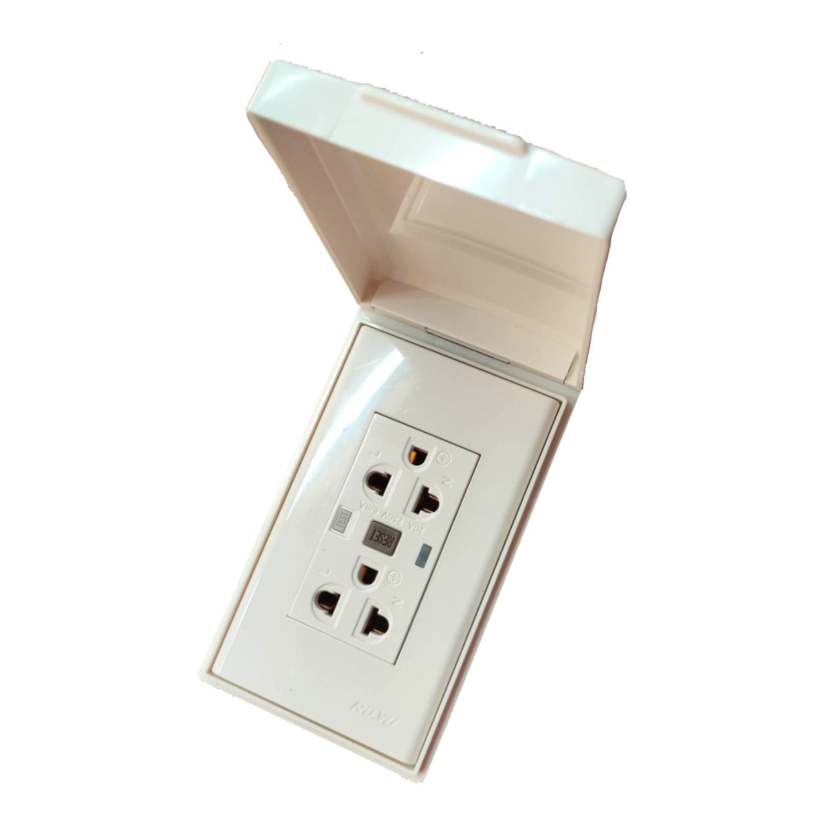 A white plastic outdoor duplex outlet protected by an open hinged weatherproof cover, shown against a plain white background.