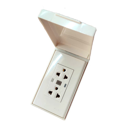 A white plastic outdoor duplex outlet protected by an open hinged weatherproof cover, shown against a plain white background.